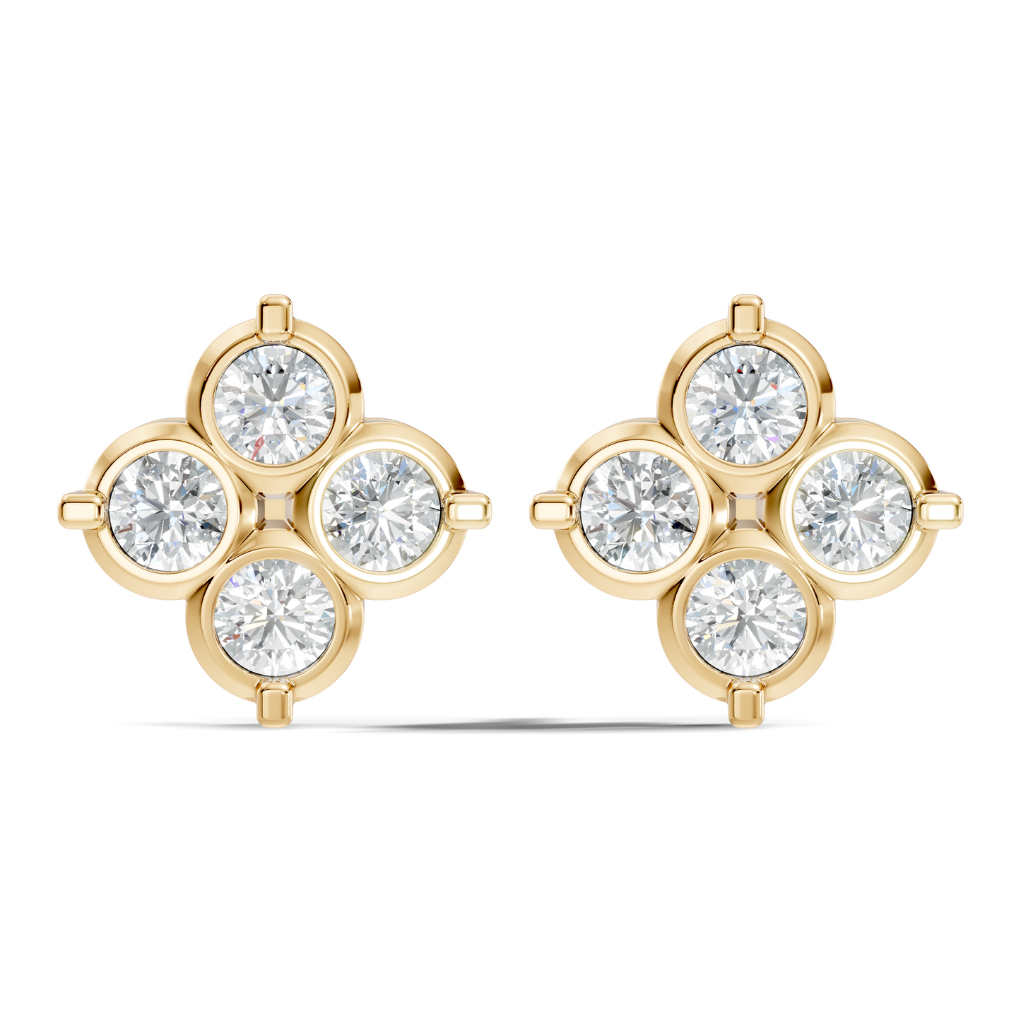 Luxury 14K Labgrown Gold Diamond Stud Earrings Four-Stone Round Bezel Set Cluster Style