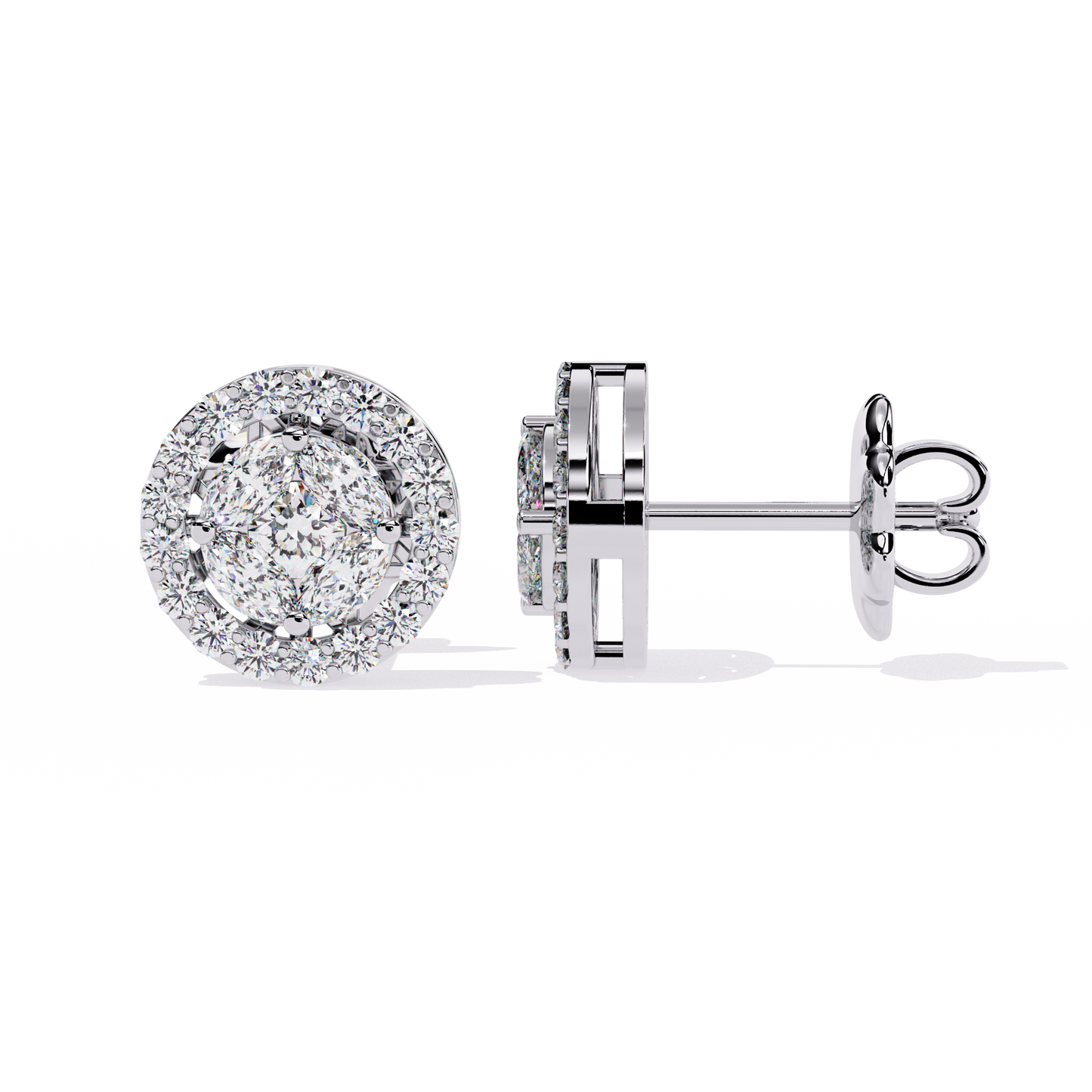 Marquise And Round Cut Diamond Halo Style Prong Set Statement Screw Back Stud Earring Annivrasry Gift - HIGHCARAT DIAMONDS