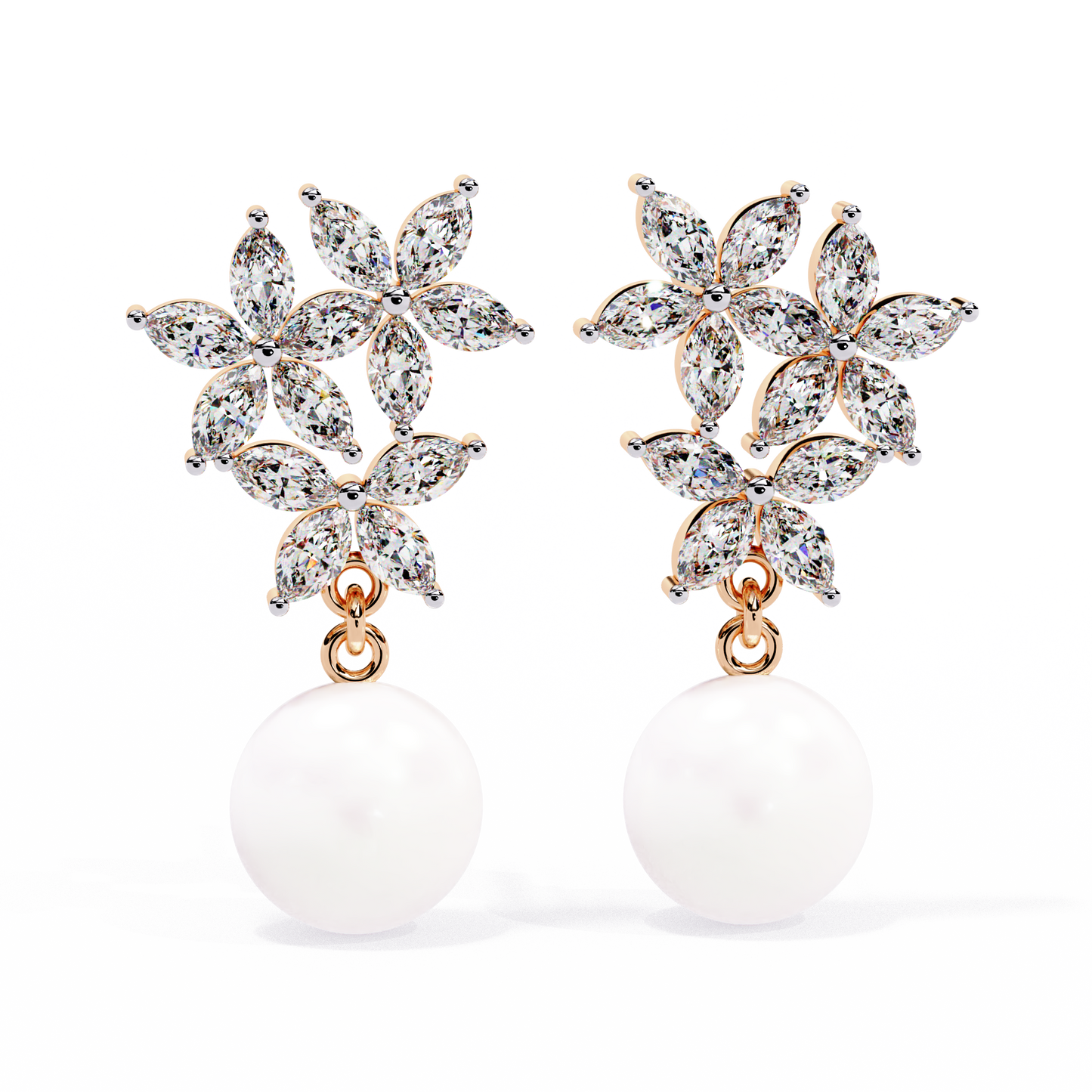 Marquise Cut Crystal Flower And Pearl 2.39Ct Diamond Stacking Prong Set Vintage Drop Earring For Gift