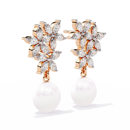 Marquise Cut Crystal Flower And Pearl 2.39Ct Diamond Stacking Prong Set Vintage Drop Earring For Gift