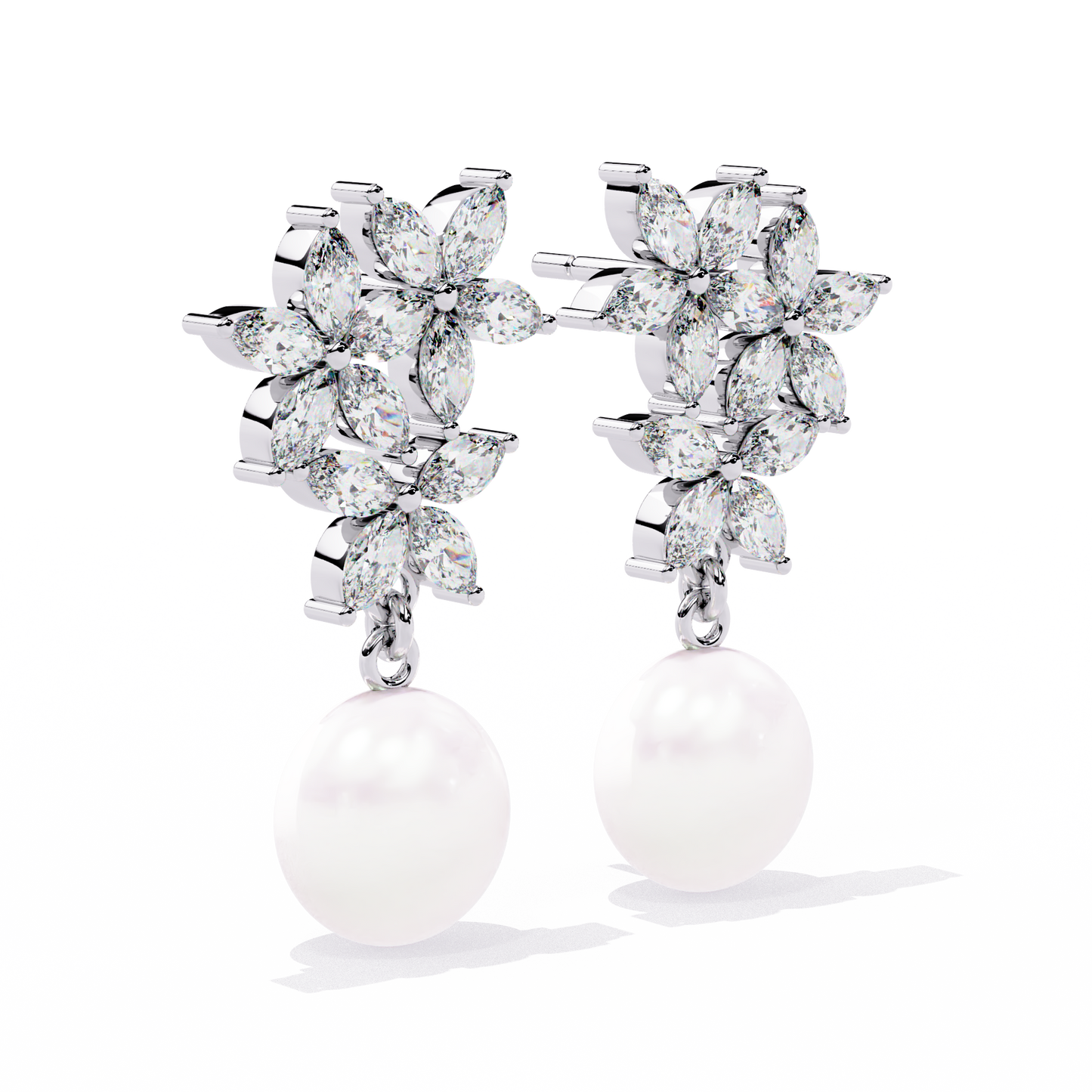 Marquise Cut Crystal Flower And Pearl 2.39Ct Diamond Stacking Prong Set Vintage Drop Earring For Gift