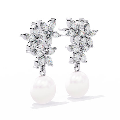 Marquise Cut Crystal Flower And Pearl 2.39Ct Diamond Stacking Prong Set Vintage Drop Earring For Gift