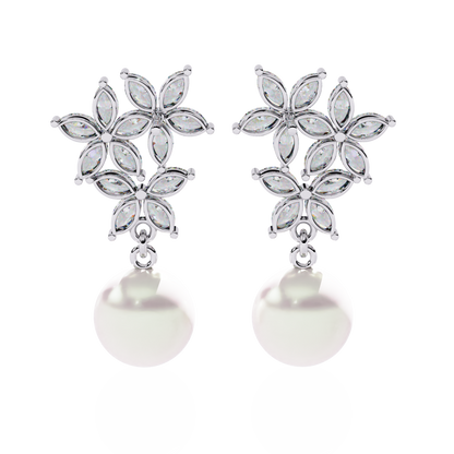 Marquise Cut Crystal Flower And Pearl 2.39Ct Diamond Stacking Prong Set Vintage Drop Earring For Gift