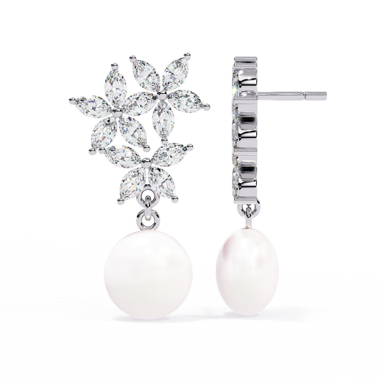 Marquise Cut Crystal Flower And Pearl 2.39Ct Diamond Stacking Prong Set Vintage Drop Earring For Gift