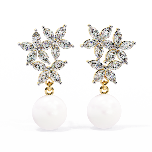 Marquise Cut Crystal Flower And Pearl 2.39Ct Diamond Stacking Prong Set Vintage Drop Earring For Gift - HIGHCARAT DIAMONDS