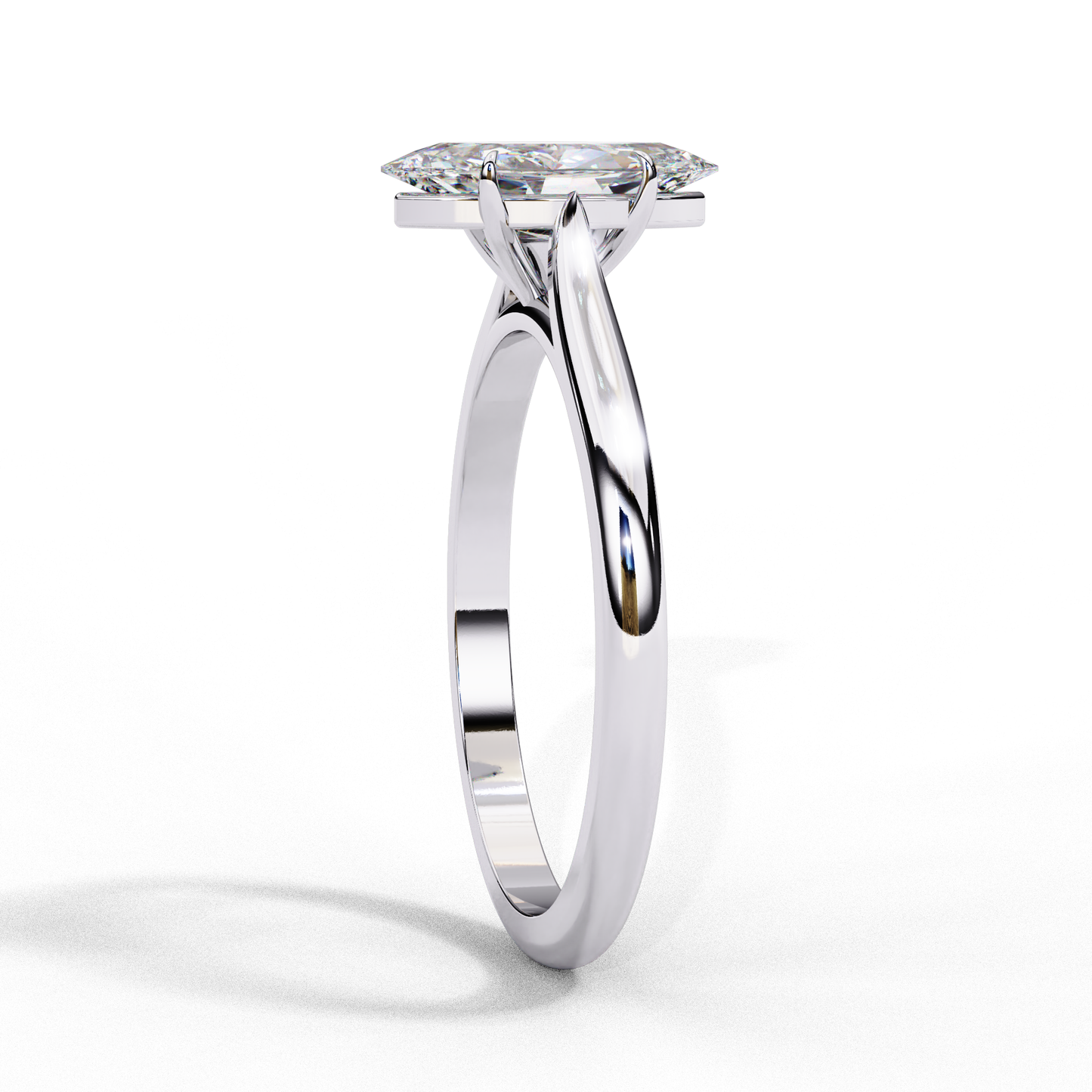 Angled view of marquise cut solitaire ring in white gold