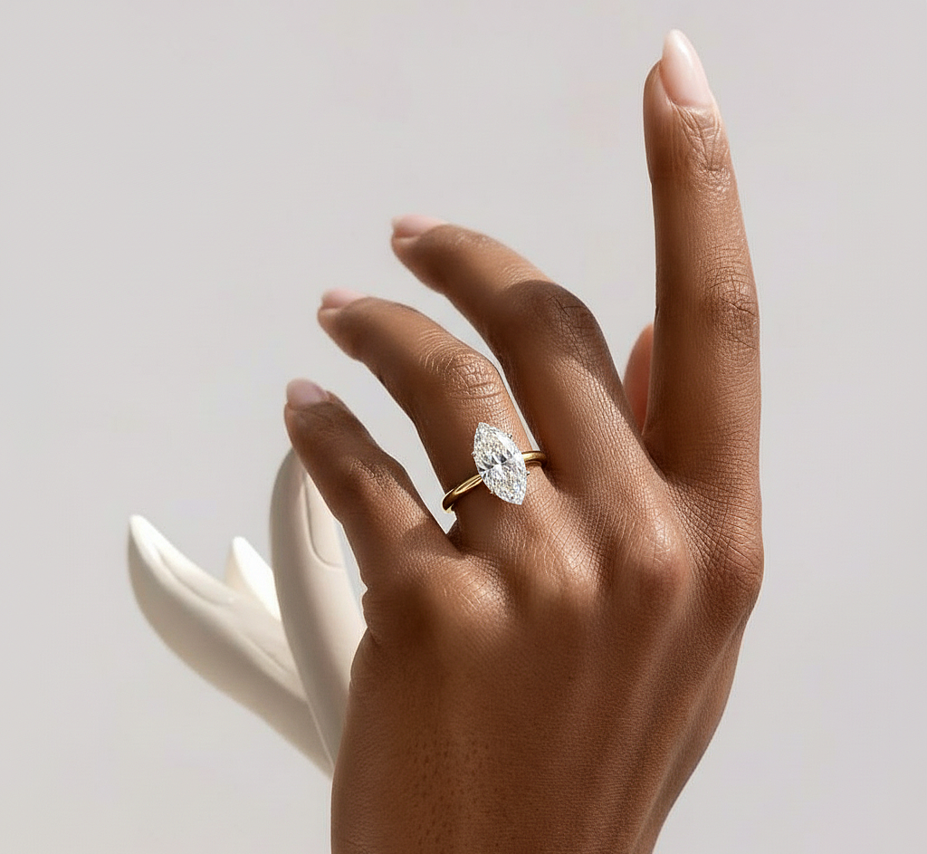 Hand wearing marquise shape lab grown diamond solitaire ring
