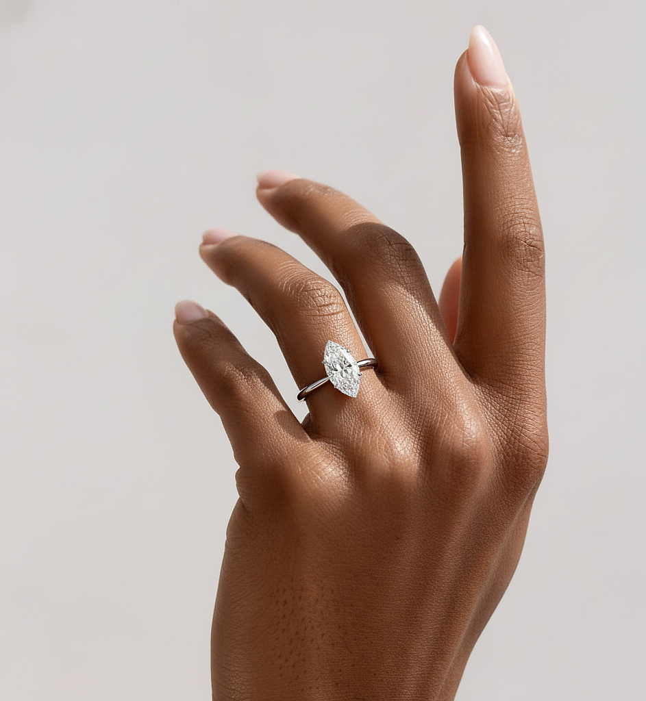 360 view video of marquise cut lab grown diamond solitaire ring rotating on white background