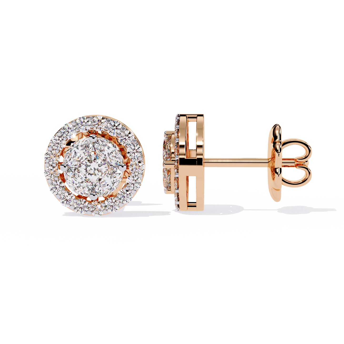 Marquise And Round Cut Diamond Halo Style Prong Set Statement Screw Back Stud Earring Annivrasry Gift - HIGHCARAT DIAMONDS