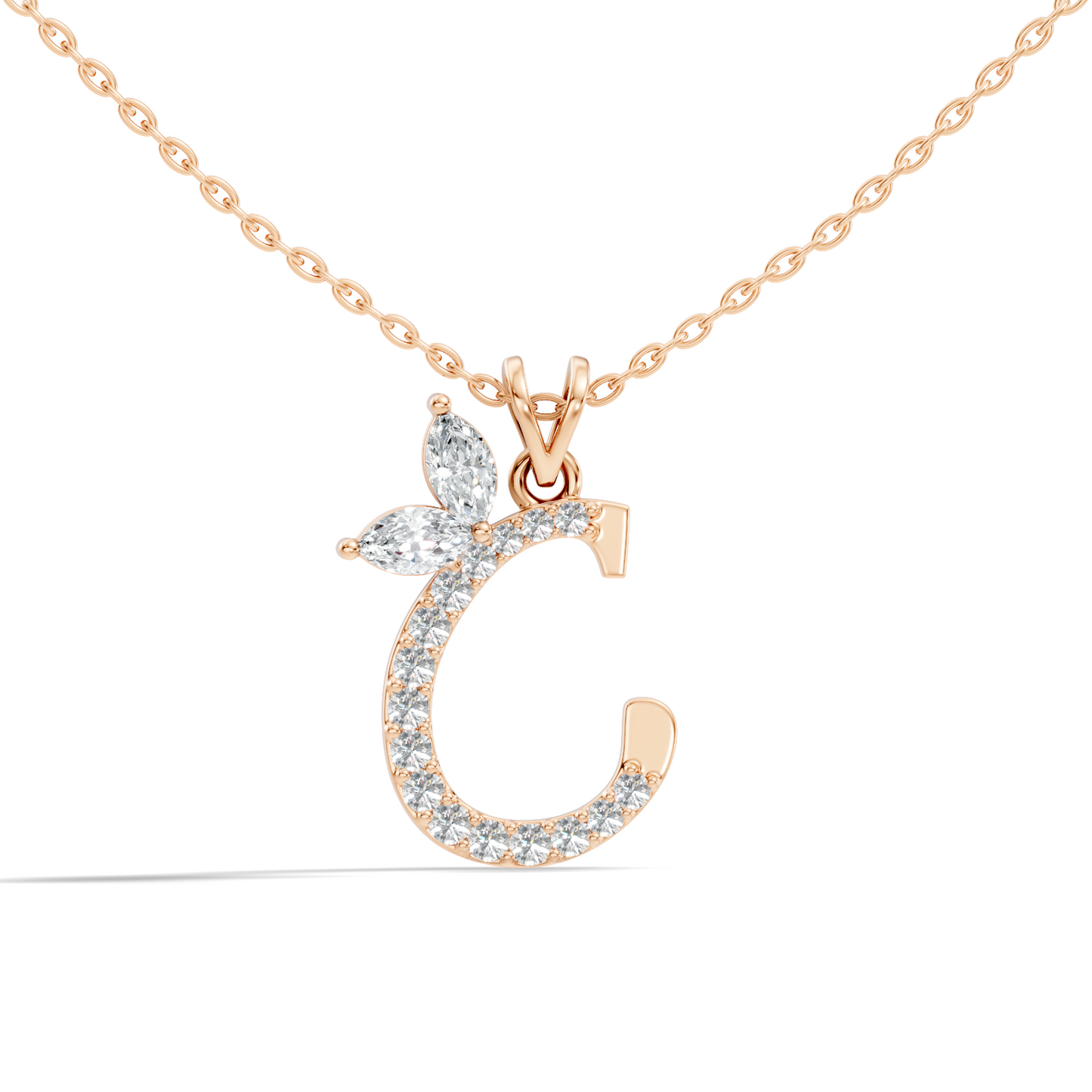 14K Solid Yellow Gold Marquise and Round Cut Diamond C Alphabet Pendant For Her - HIGHCARAT DIAMONDS