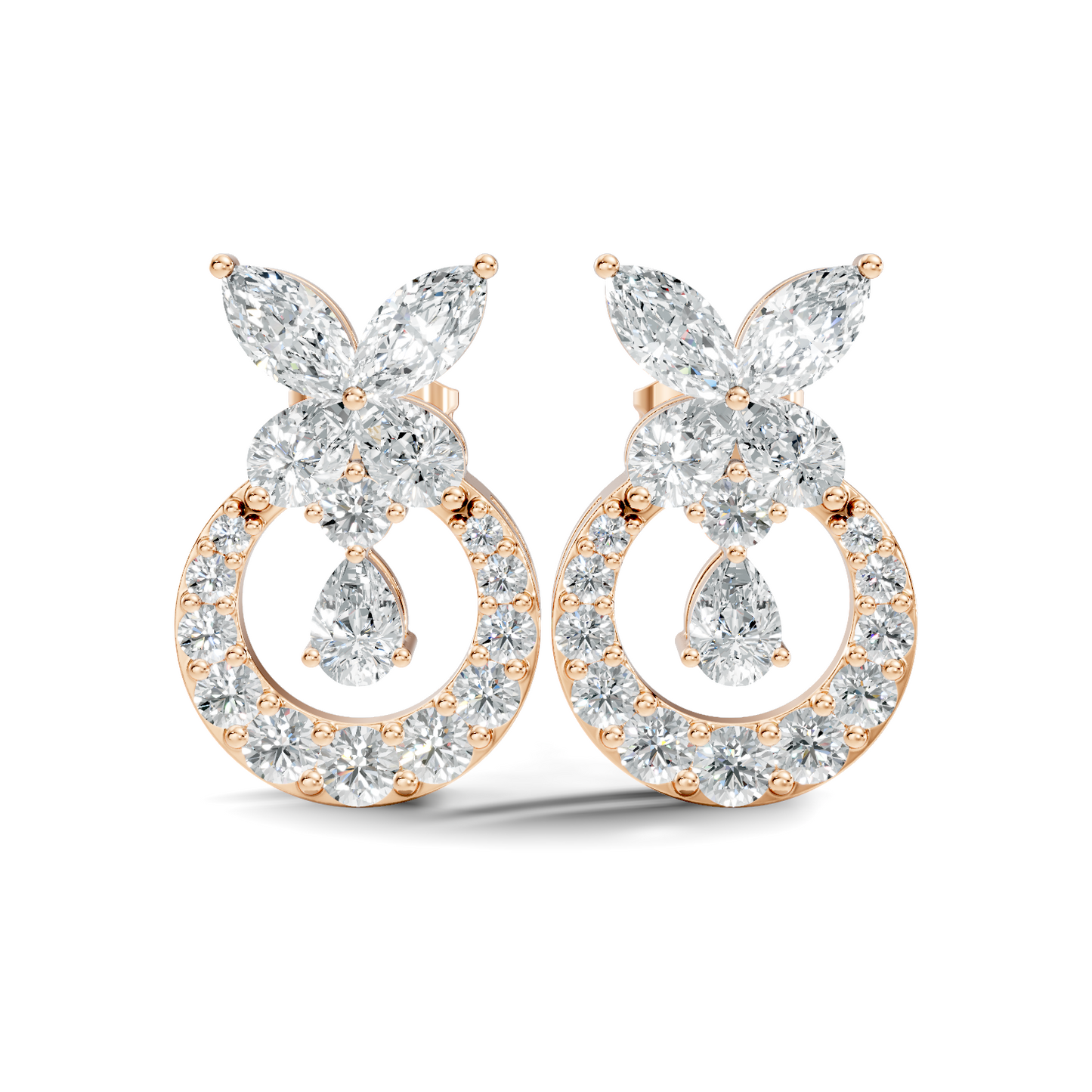 14K White Gold Marquise Or Round Floral Halo Circle Diamond Earrings With Pear Drop - HIGHCARAT DIAMONDS