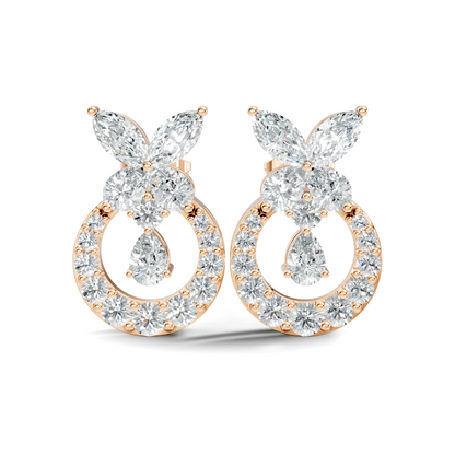 14K White Gold Marquise Or Round Floral Halo Circle Diamond Earrings With Pear Drop - HIGHCARAT DIAMONDS