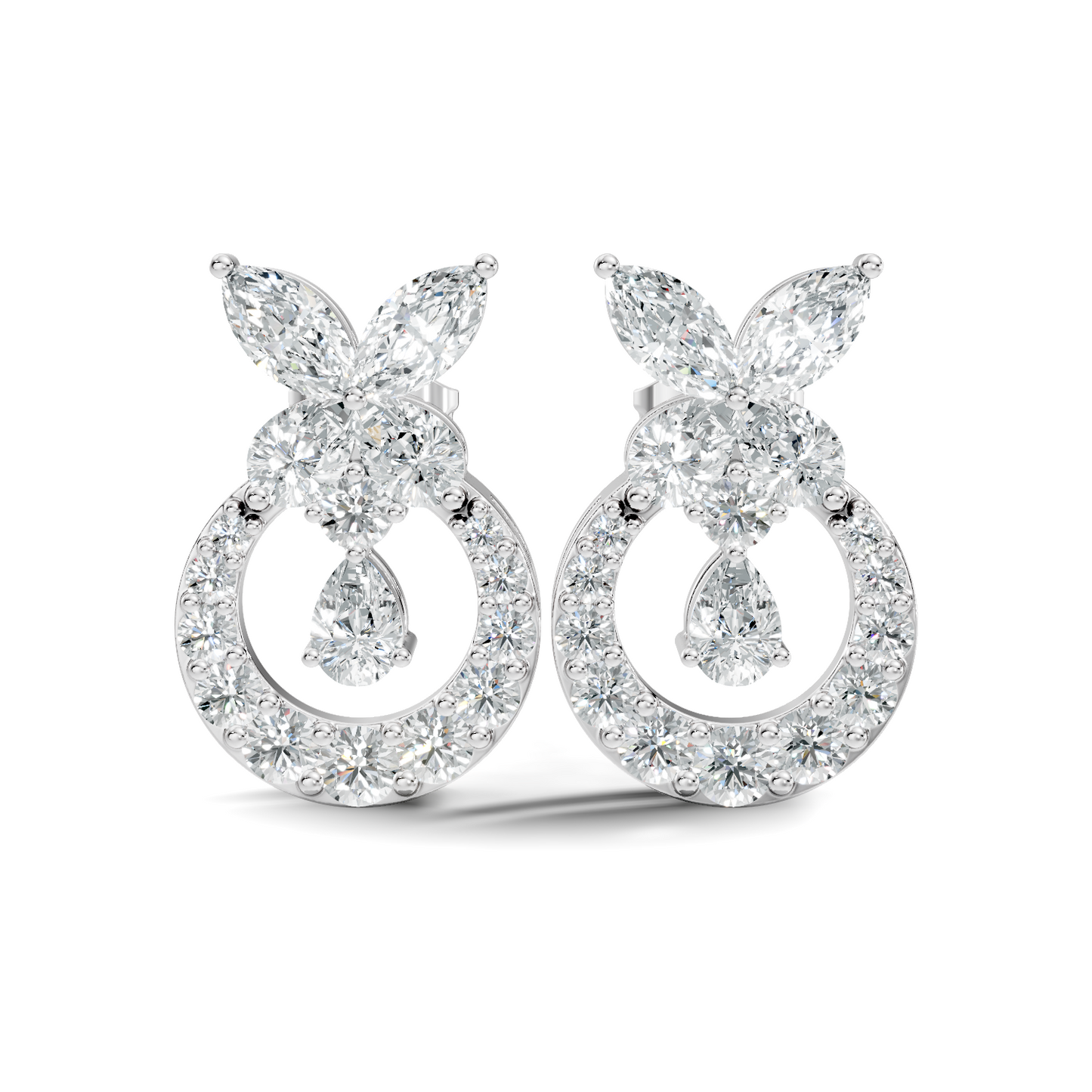 14K White Gold Marquise Or Round Floral Halo Circle Diamond Earrings With Pear Drop - HIGHCARAT DIAMONDS