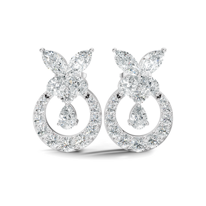 14K White Gold Marquise Or Round Floral Halo Circle Diamond Earrings With Pear Drop - HIGHCARAT DIAMONDS