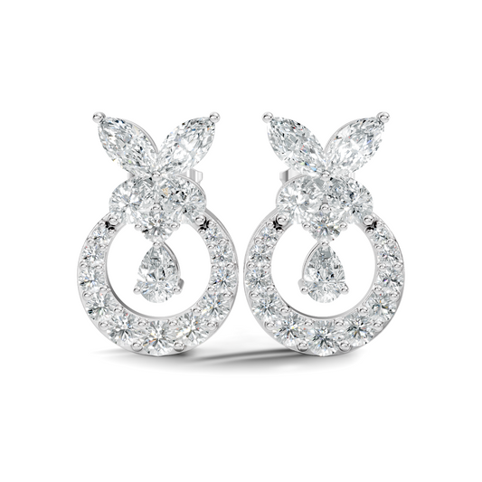 14K White Gold Marquise Or Round Floral Halo Circle Diamond Earrings With Pear Drop - HIGHCARAT DIAMONDS