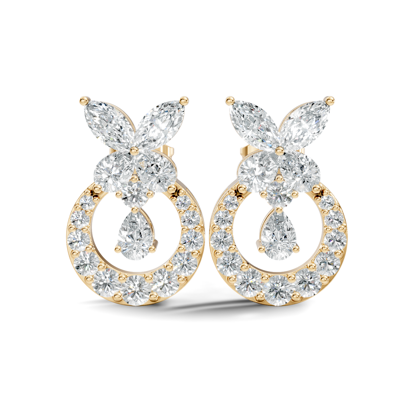 14K White Gold Marquise Or Round Floral Halo Circle Diamond Earrings With Pear Drop - HIGHCARAT DIAMONDS