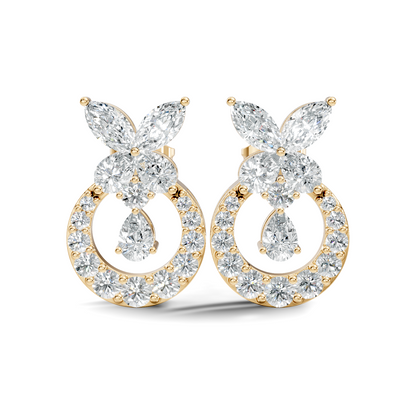 14K White Gold Marquise Or Round Floral Halo Circle Diamond Earrings With Pear Drop - HIGHCARAT DIAMONDS