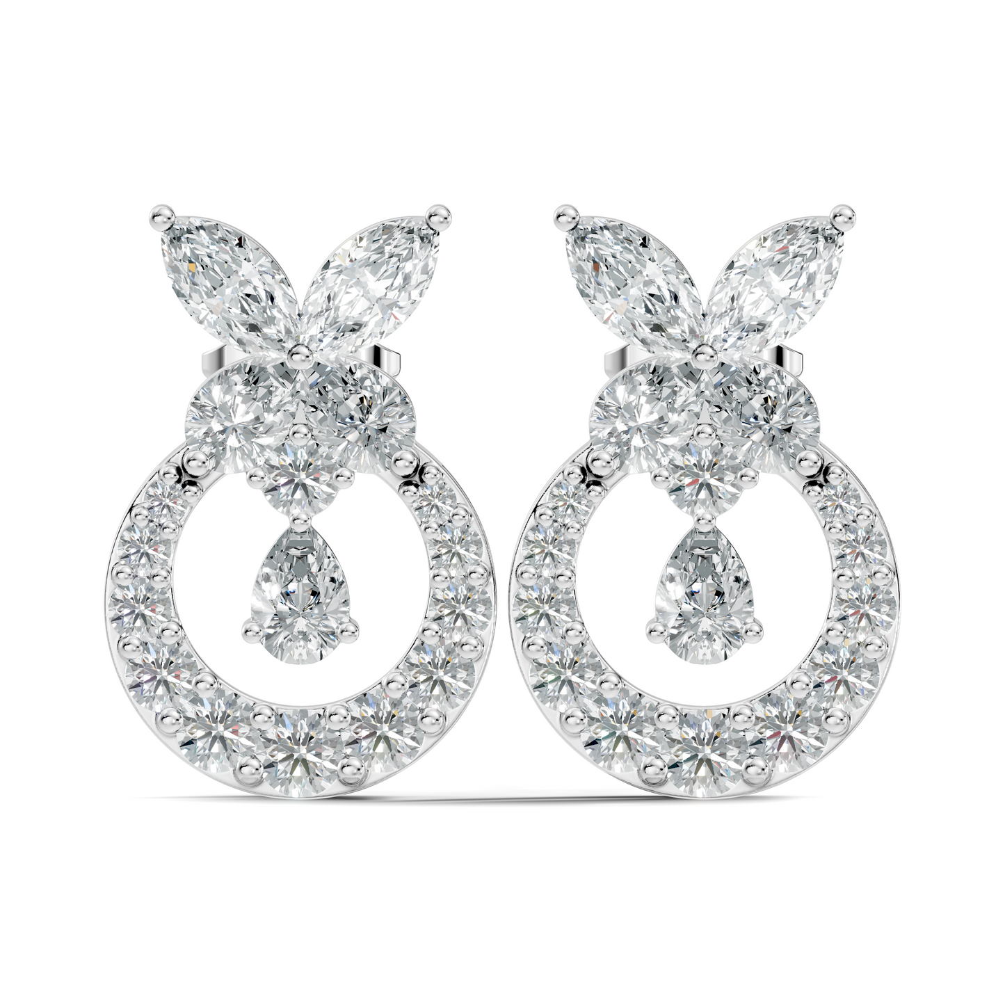 14K White Gold Marquise Or Round Floral Halo Circle Diamond Earrings With Pear Drop - HIGHCARAT DIAMONDS