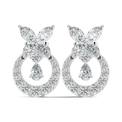 14K White Gold Marquise Or Round Floral Halo Circle Diamond Earrings With Pear Drop - HIGHCARAT DIAMONDS