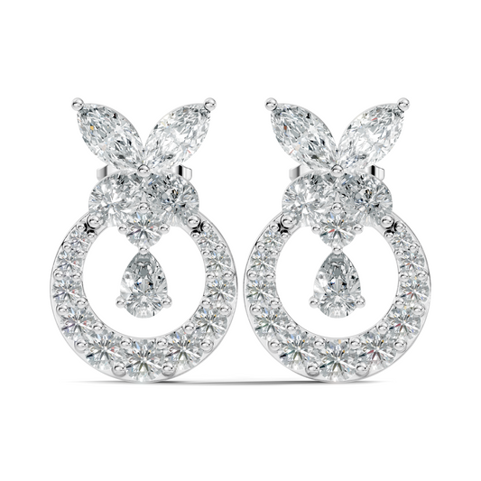 14K White Gold Marquise Or Round Floral Halo Circle Diamond Earrings With Pear Drop - HIGHCARAT DIAMONDS