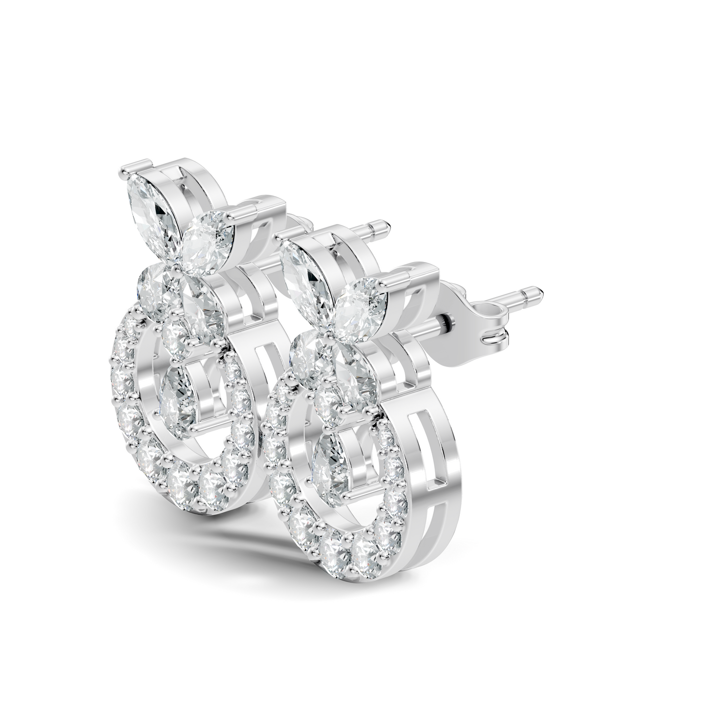 14K White Gold Marquise Or Round Floral Halo Circle Diamond Earrings With Pear Drop - HIGHCARAT DIAMONDS