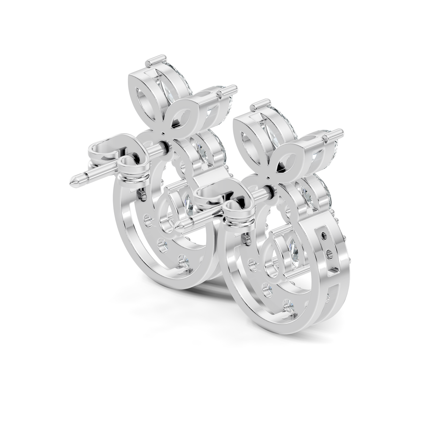 14K White Gold Marquise Or Round Floral Halo Circle Diamond Earrings With Pear Drop - HIGHCARAT DIAMONDS