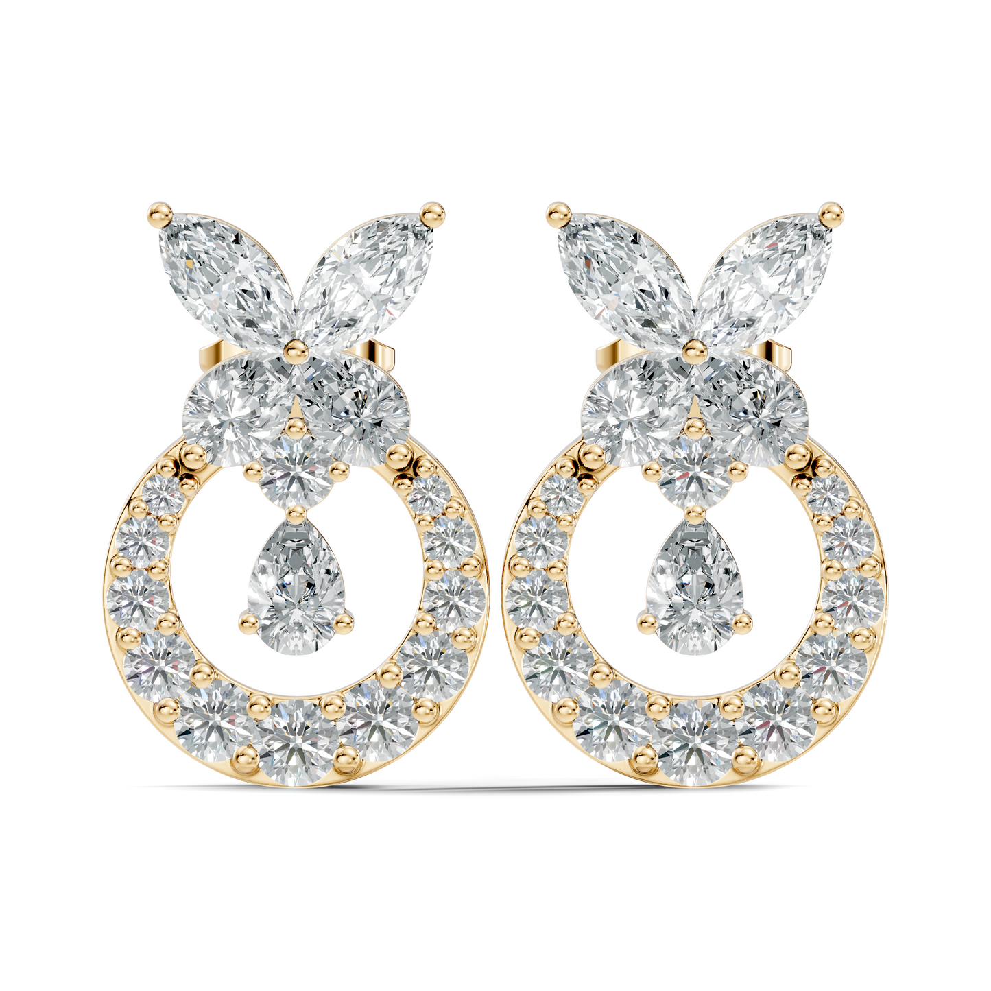 14K White Gold Marquise Or Round Floral Halo Circle Diamond Earrings With Pear Drop - HIGHCARAT DIAMONDS
