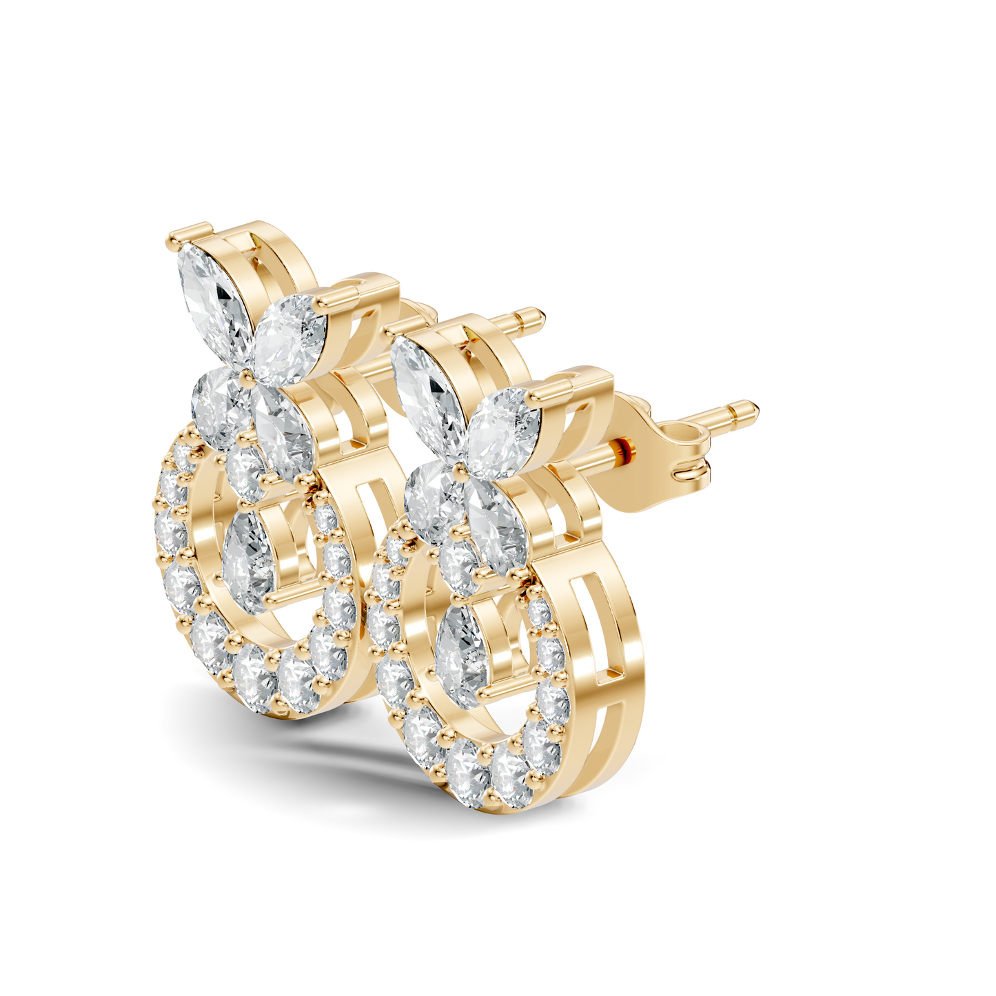 14K White Gold Marquise Or Round Floral Halo Circle Diamond Earrings With Pear Drop - HIGHCARAT DIAMONDS