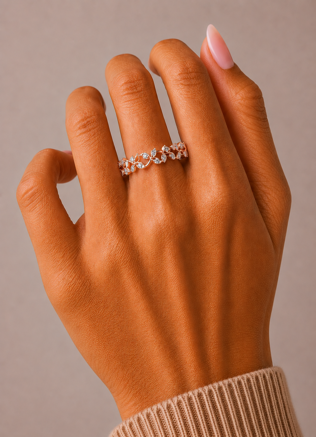 Minimalist  Round Diamond Leaf Ring Band  Nature-Inspired Dainty Band In 14K Solid Gold - HIGHCARAT DIAMONDS