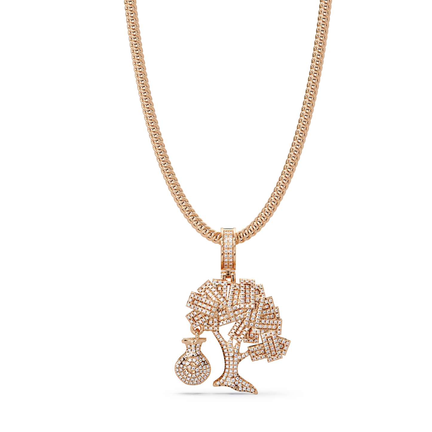 Money Tree Iced Diamond Pendant Cash Bag Charm Necklace - HIGHCARAT DIAMONDS