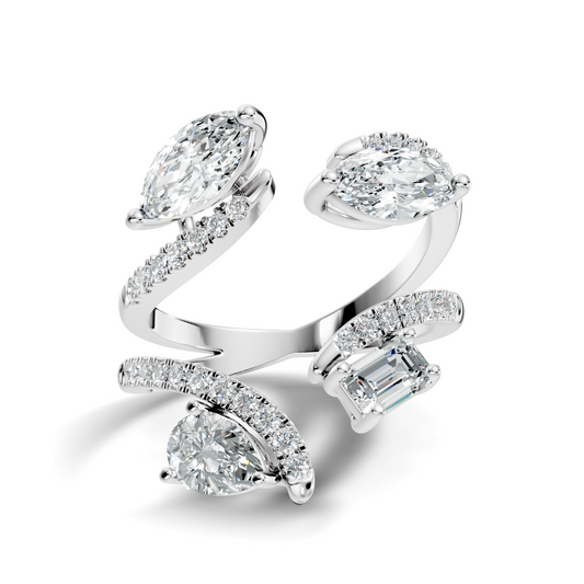 2.15Ct Emerald, Pear, Marquise and Round Cut Diamond Unique Vintage Bypass Dainty Party Wear Ring For Women's - HIGHCARAT DIAMONDS