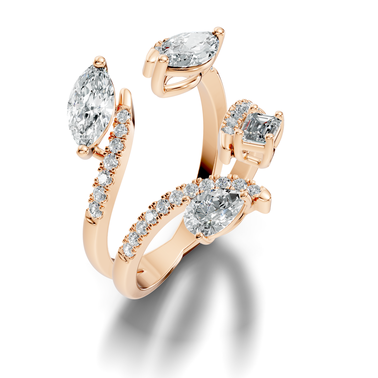 2.15Ct Emerald, Pear, Marquise and Round Cut Diamond Unique Vintage Bypass Dainty Party Wear Ring For Women's - HIGHCARAT DIAMONDS