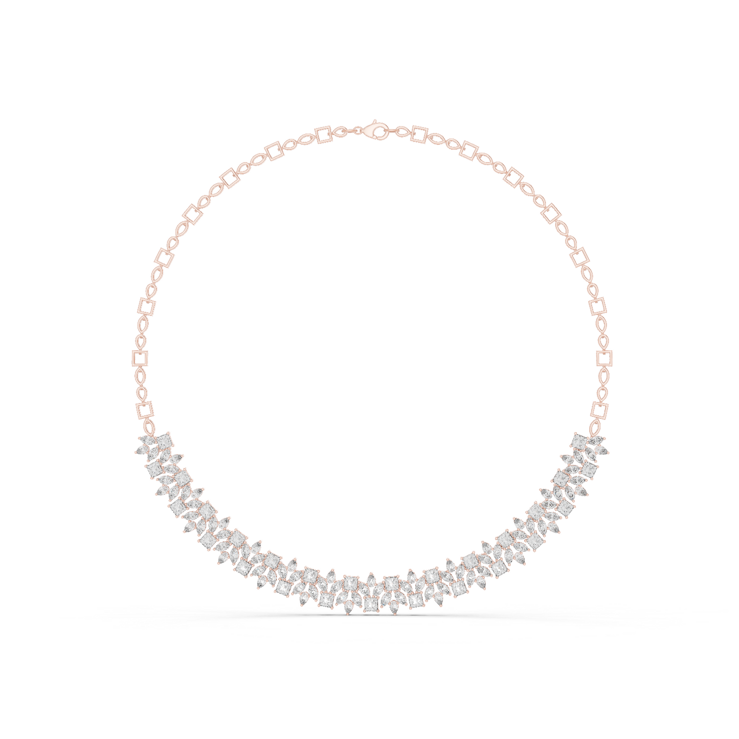 Front view of multi shape lab grown diamond statement necklace