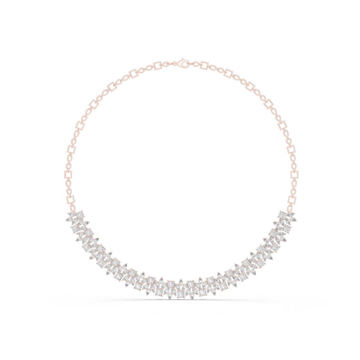 Front view of multi shape lab grown diamond statement necklace