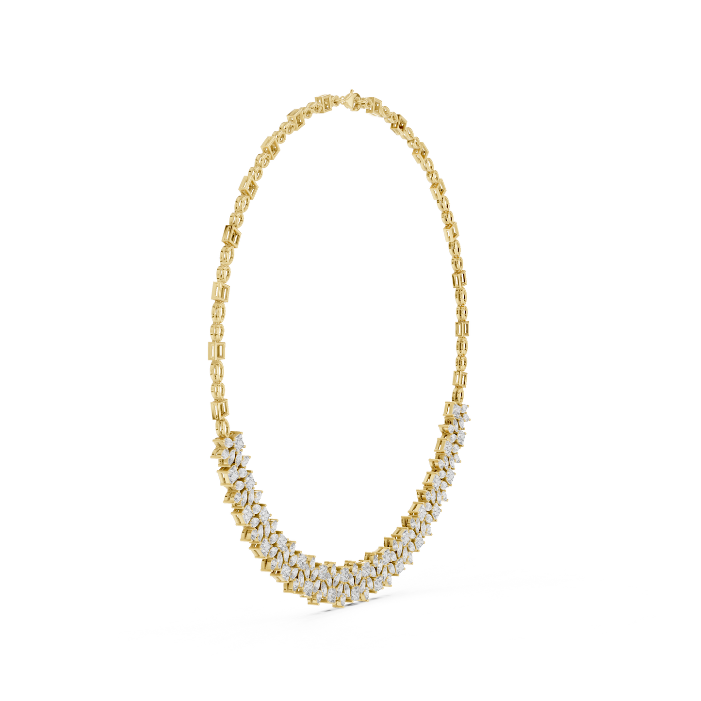 Close up of pear and princess cut diamond collar necklace