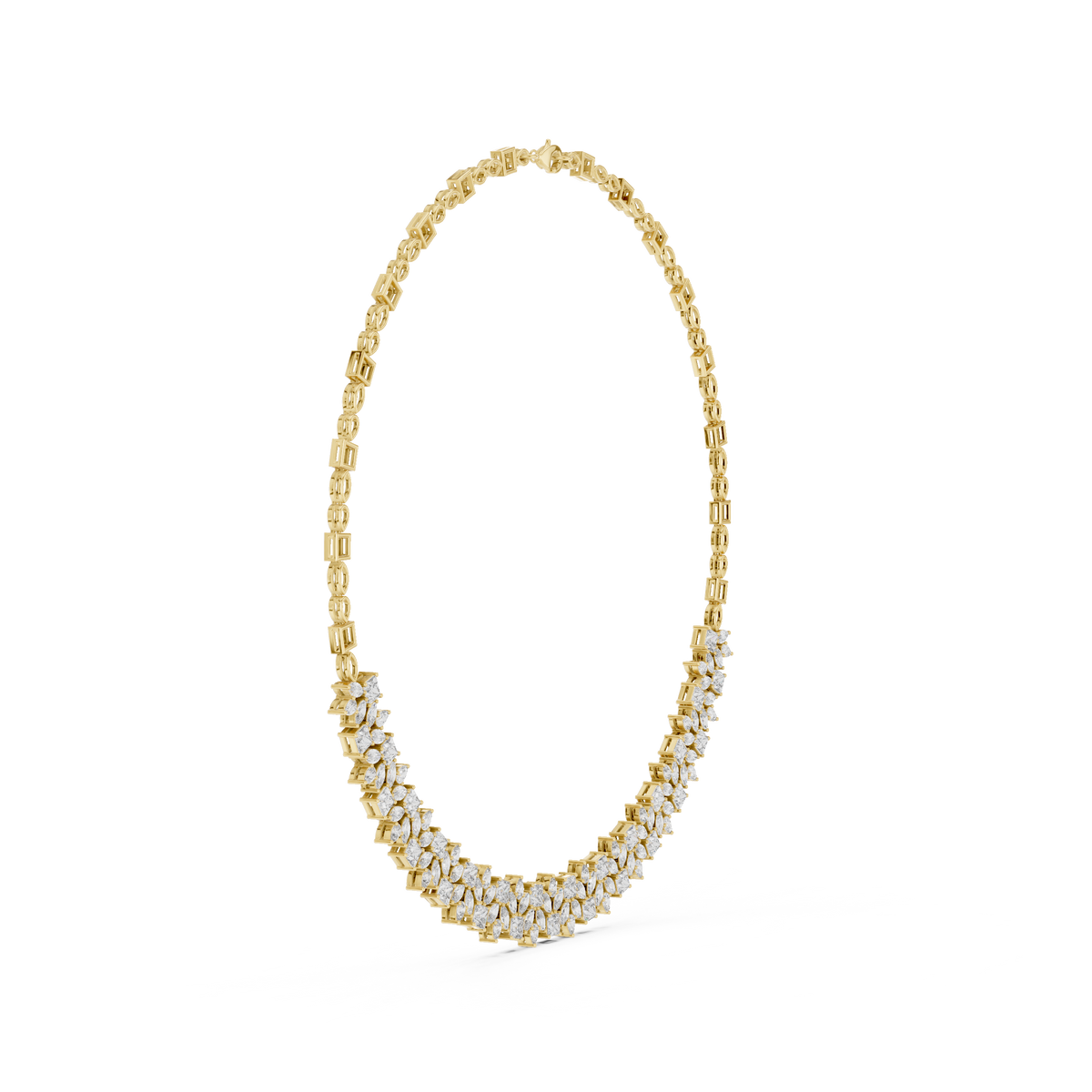 Close up of pear and princess cut diamond collar necklace