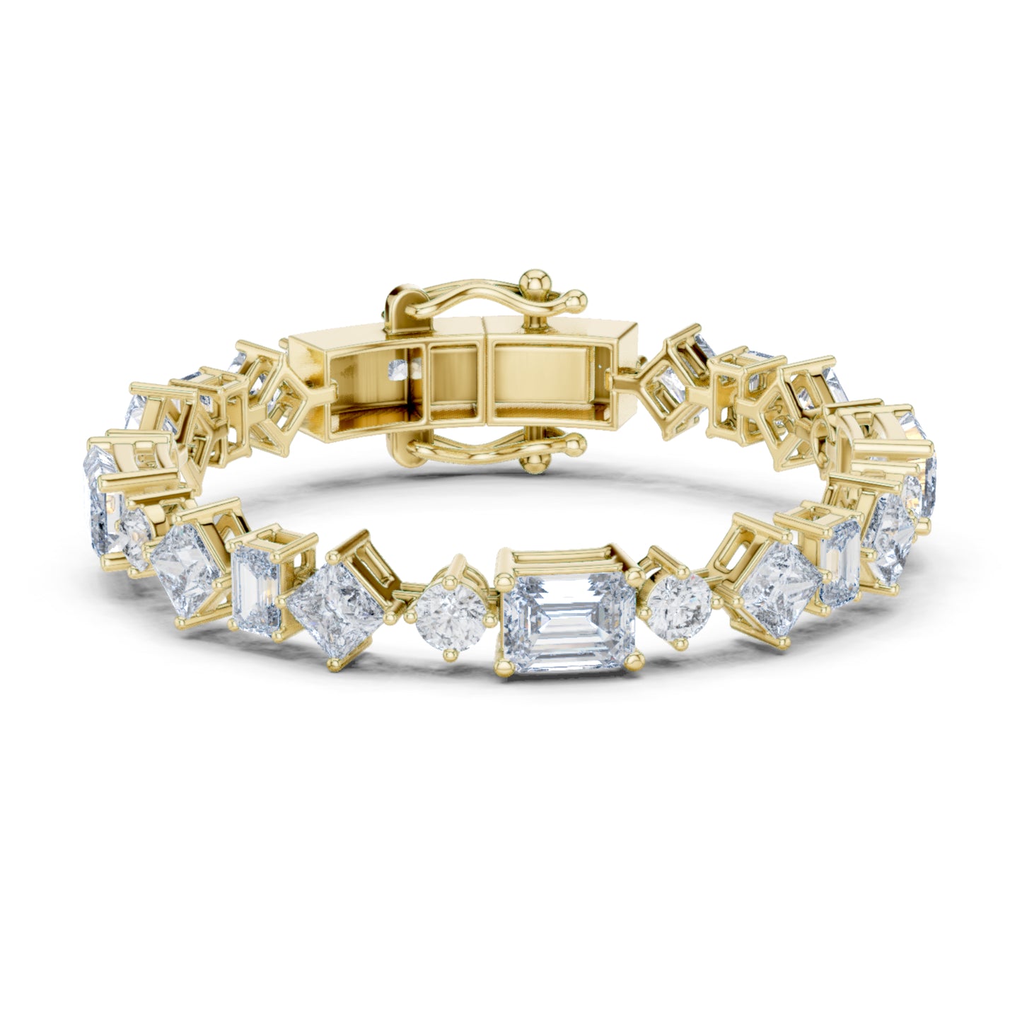 Front view of multi shape lab grown diamond tennis bracelet in yellow gold