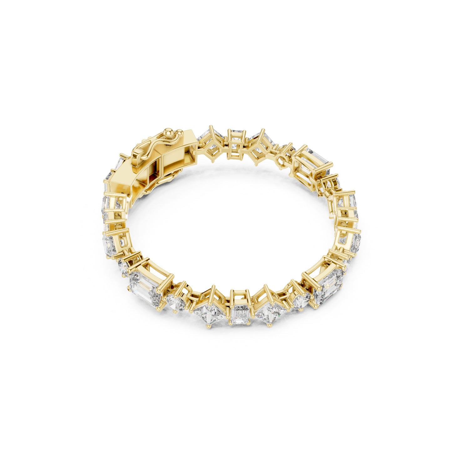 Angled view of multi shape diamond tennis bracelet in yellow gold