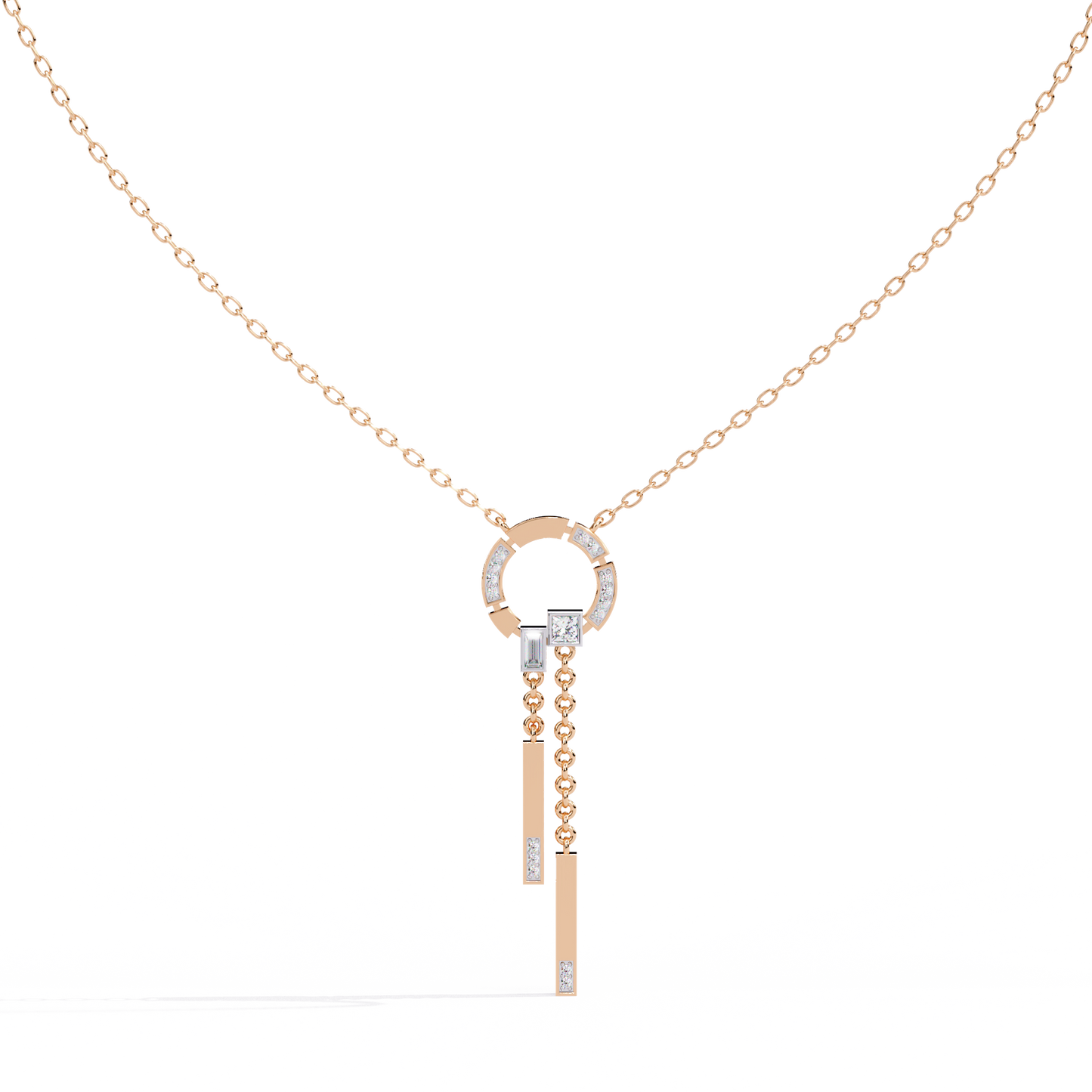 Baguette, Princess and Round 14K Solid Rose Gold Natural Cut Diamond Bezel Set Antique Necklace Gifted for Women's