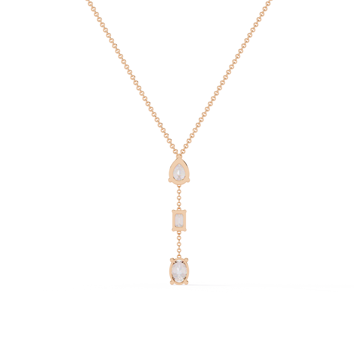 10k Solid Rose Gold  Oval , Pear And Emerald Cut 1.54 Ct Lab Grown Three Diamond Unique occasionally Wear Necklace