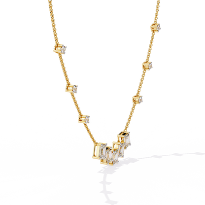 Emerald and Round Cut 3.28 Ct Lab Grown Diamond Unique Prong Set Multiple Necklace as a Gift for her