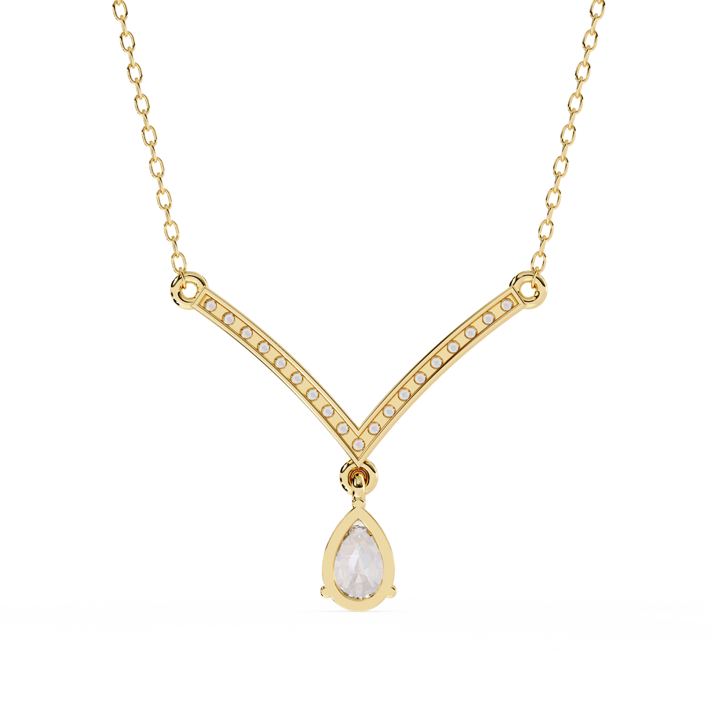 V Shape 10k Solid Gold  Pear And Round Cut Lab Grown Diamond Delicate Unique Statement Vintage Necklace
