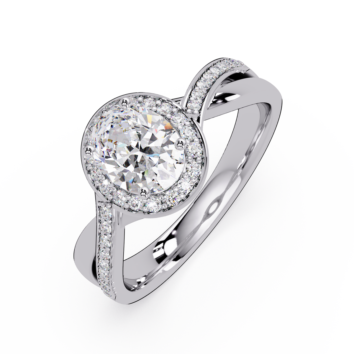 Oval Lab Grown Diamond Twisted Pave Band Halo Ring - HIGHCARAT DIAMONDS