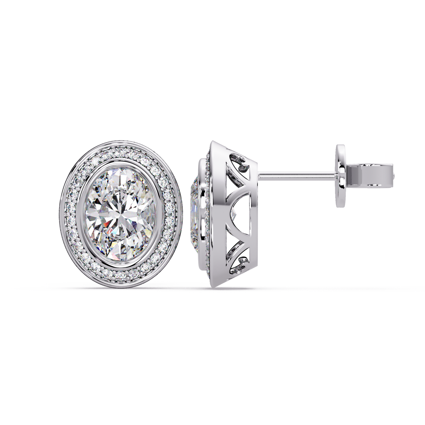 Oval Lab Grown Diamond Bezel Set Halo Stud Earrings - HIGHCARAT DIAMONDS