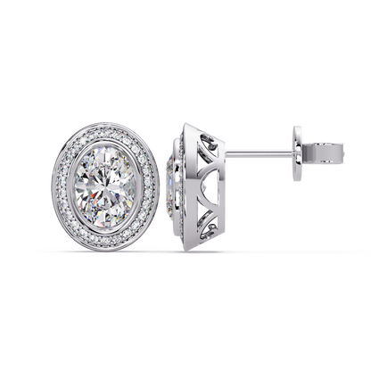 Oval Lab Grown Diamond Bezel Set Halo Stud Earrings - HIGHCARAT DIAMONDS