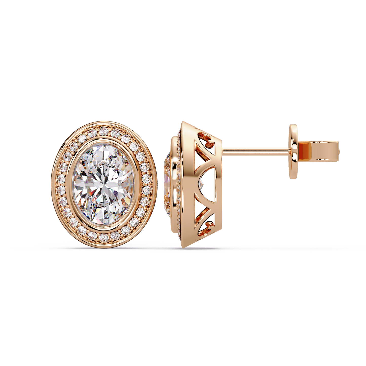 Oval Lab Grown Diamond Bezel Set Halo Stud Earrings - HIGHCARAT DIAMONDS
