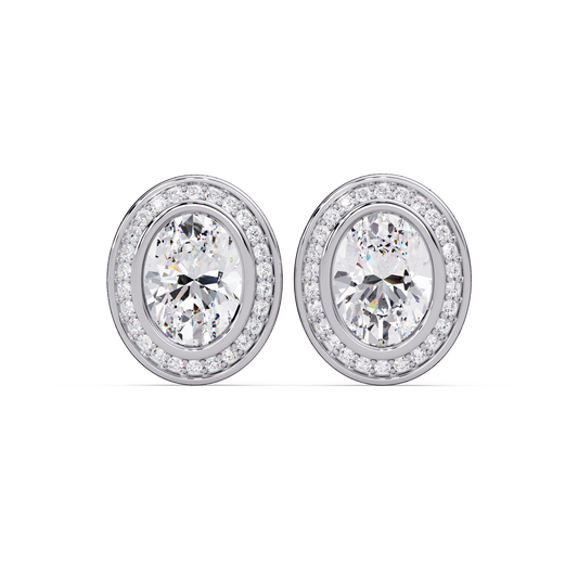 Oval Lab Grown Diamond Bezel Set Halo Stud Earrings - HIGHCARAT DIAMONDS