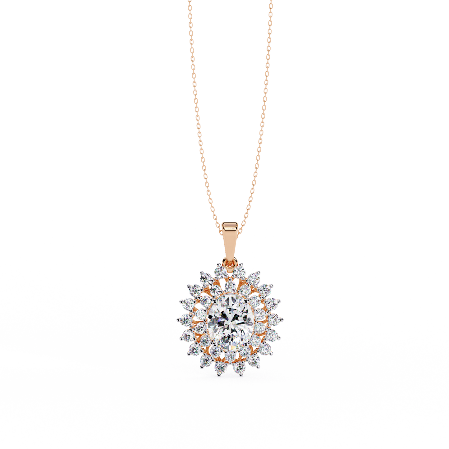 Oval lab grown diamond double halo pendant necklace