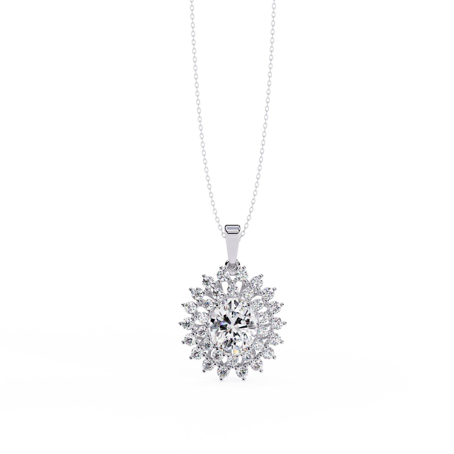 Oval diamond halo pendant in rose gold finish