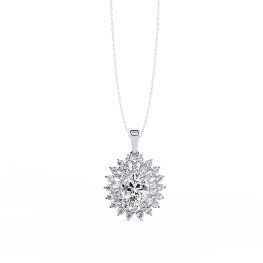 Oval diamond halo pendant in rose gold finish